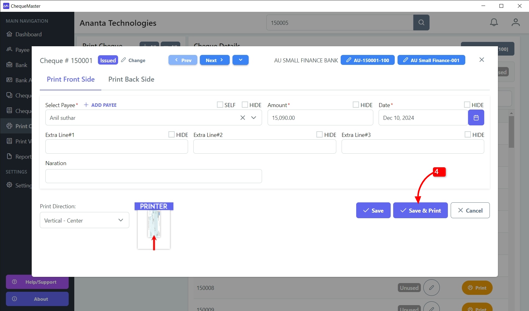 Cheque details window in ChequeMaster with payee, amount, date and A/C payee options